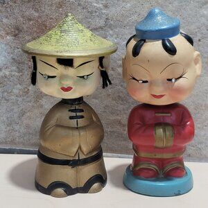 Vintage Bobble Head Geisha Nodders Asian Japanese Oriental Couple Nodding Dolls